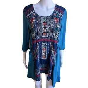 Johnny Was Biya Embroidered Tunic Womens M Blue Boho Split Neck 3/4 Sleeve